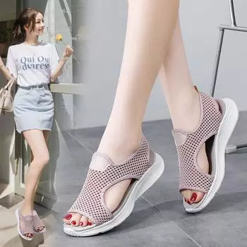 Женские сандалии, летние, пляжные, дышащие, плоские, с открытым носком, повседневные, мягкие, для ходьбы, сандалии для девочек, больших размеров EU:35 чёрный