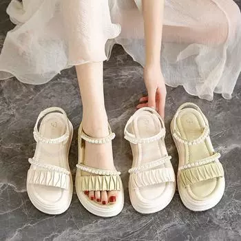 Женские сандалии, летние базовые уличные модные сандалии с открытым носком, повседневные сандалии на платформе с толстой подошвой, большие размеры 35 бежевый