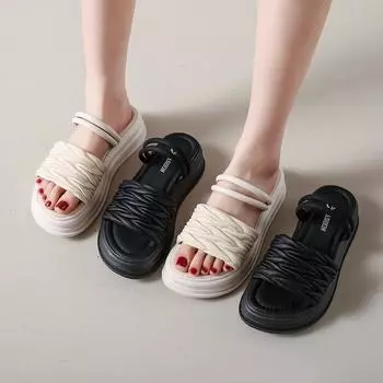 Женские сандалии, летние базовые уличные нарядные повседневные сандалии на платформе с открытым носком на толстой подошве, тапочки больших размеров 35 слоновая кость