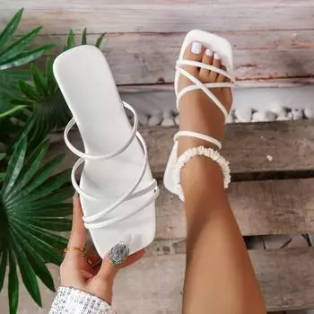 Женские сандалии Летние белые сандалии на плоской подошве Роскошные повседневные свадебные туфли Пляжные сандалии на ремешках Римские тапочки 36