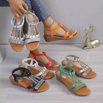 Женские сандалии, летние богемные туфли на танкетке, гладиаторы с кристаллами, римская женская пляжная обувь, повседневная женская обувь на резинке 43 чёрный