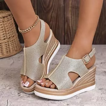 Женские сандалии, летние босоножки на танкетке с открытым носком, женские модные сандалии на платформе с пряжкой, новые повседневные римские туфли на толстой подошве для женщин 35 золотой
