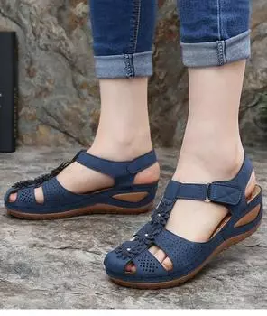 Женские сандалии Летние цветы Круглая головка Удобные женские сандалии Нескользящие римские мягкие подошвы Большие размеры Женская обувь358 4 чёрный