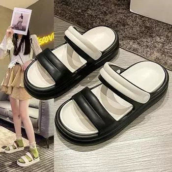 Женские сандалии, летние дышащие песочные тапочки из ЭВА с толстой подошвой и двумя пирсингами 36 чёрный