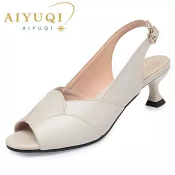 Женские сандалии, летние модные женские сандалии на среднем каблуке большого размера из натуральной кожи на блочном каблуке сзади 35