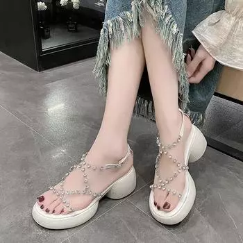 Женские сандалии Летние римские туфли со стразами Прозрачные ремешки Выдолбленные босоножки на высоком каблуке Повседневные сандалии с толстой подошвой 35 чёрный