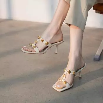 женские сандалии летние роскошные тапочки из натуральной кожи с заклепками туфли на высоком каблуке повседневные женские туфли босоножки на платформе с каблуком 34 белый