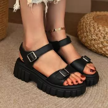 Женские сандалии Летние с круглым носком Открытая пятка Ремешок Слипоны для женщин Большой размер Повседневные Толстая подошва Однотонные Женские сандалии 35