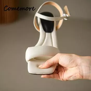 Женские сандалии, летние сандалии из мягкой кожи на тонком каблуке, мягкая подошва во французском вечернем стиле, сандалии на высоком каблуке, женская обувь на каблуке 34 абрикосовый