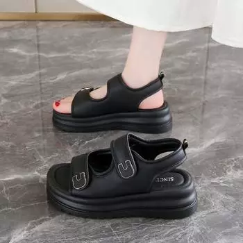 Женские сандалии летние тапочки повседневные милые черные босоножки на платформе большого размера для девочек 35 чёрный