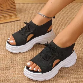 Женские сандалии Летние трендовые сетчатые туфли для женщин Босоножки на платформе со шнуровкой Открытые носки Пляжные повседневные босоножки на каблуке Sandalias De Mujer 35 бежевый