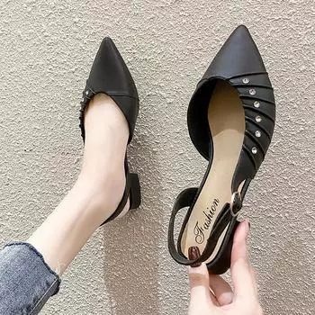 Женские сандалии. Летние женские нескользящие элегантные сандалии на толстом каблуке со стразами и острым носком. 36 коричневый