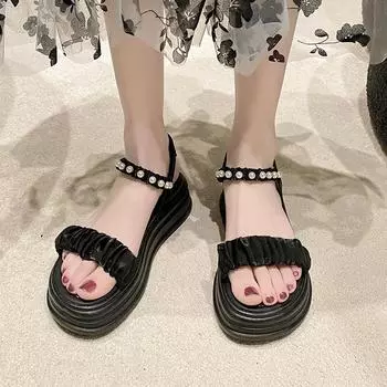 Женские сандалии, летние женские шлепанцы, пляжная дышащая обувь, повседневные мягкие прогулочные сандалии с открытым носком для девочек, большие размеры EU:35 чёрный