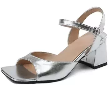 Женские сандалии Летняя обувь Элегантные средние каблуки Телесные Серебристые Черные Туфли для вечеринок Дизайнерские шлепанцы Обувь для девочек Большого размера 34 серебряный