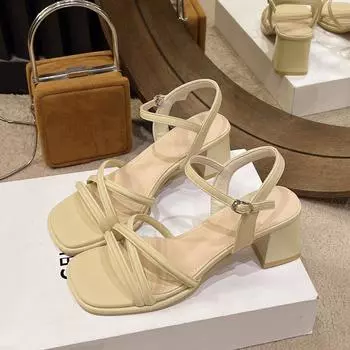 Женские сандалии Летняя обувь Высокие каблуки Роскошные дизайнерские туфли на блочном каблуке Низкие Элегантные повседневные средние платья в продаже Черный цвет 37 чёрный