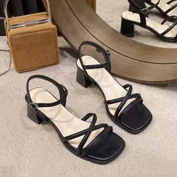 Женские сандалии Летняя обувь Высокие каблуки Роскошные дизайнерские туфли на блочном каблуке Низкие и элегантные повседневные средние платья в продаже Черный цвет 35 бежевый