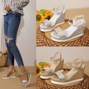 Женские сандалии, летняя обувь, женские босоножки на танкетке, туфли на платформе, дизайнерские сандалии на высоком каблуке, удобная женская обувь больших размеров 35 серебряный