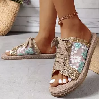 Женские сандалии, летняя обувь, женские сандалии на плоской подошве, модные шлепанцы на шнуровке, летняя обувь, дышащая сетка Sandalias Mujer 41 чёрный