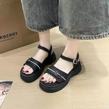 Женские сандалии Лето 2024 года Черные римские туфли на толстой подошве Повседневные туфли на среднем каблуке для женщин Спортивные сандалии с пряжкой Femmes 35 чёрный