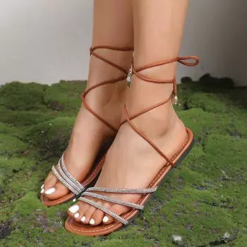 Женские сандалии Лето 2024 Новые пляжные модные сандалии Женские сексуальные повседневные сандалии на плоской подошве Римские туфли с открытым носком с перекрестными шнурками для женщин 35 коричневый