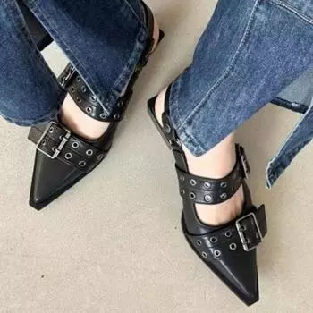 Женские сандалии Лето 2024 Новые сексуальные заостренные панк-стиль с пряжкой на низком каблуке Zapatillas Mujer Уличные однотонные простые сандалии 34 чёрный