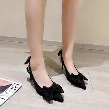 Женские сандалии Лето Новые Леопардовый принт Двойной бант Заостренный носок Высокий каблук Женская обувь 7 см Большая женская обувь 35