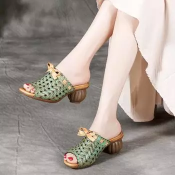 Женские сандалии MAITA из воловьей кожи в этническом стиле, нескользящие сандалии на толстом каблуке в стиле ретро 39 зелёный