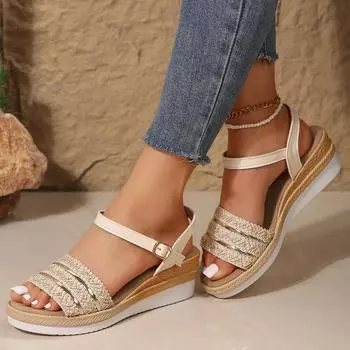 Женские сандалии, модные, тканевые, с застежкой, открытым носком, толстой подошвой, на танкетке, сандалии на высоком каблуке 2024 года, классические сандалии для отдыха, обувь для женщин 36 бежевый