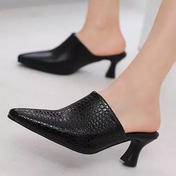 Женские сандалии-мюли на высоком среднем каблуке с острым носком, вечерние лаконичные летние туфли черного, белого, оранжевого, зеленого, синего цвета, 33–46 33 чёрный