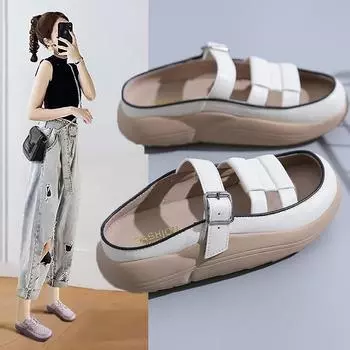 Женские сандалии-мюли с открытой спиной. Удобные сабо на платформе. Туфли без шнуровки с закрытым носком. Прогулочные сандалии на плоской подошве. Спортивные сандалии из искусственной кожи с регулируемой пряжкой. 35 белый