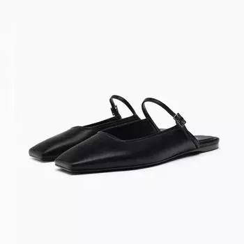 Женские сандалии-мулы на плоской подошве, осень 2024, тапочки с квадратной головкой и пряжкой и ремешком, новые женские универсальные черные туфли для отдыха для отдыха 36