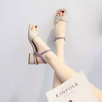 Женские сандалии на блочном каблуке для офисной работы с открытым носком на толстом среднем каблуке женская обувь зеленая кожа 35 фиолетовый