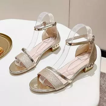 Женские сандалии на каблуке, повседневная обувь, женские летние туфли золотого цвета с открытым носком, женская обувь на низком каблуке с квадратным ремешком на щиколотке 36