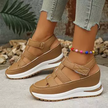 Женские сандалии на мягкой толстой подошве, удобные повседневные прогулочные туфли с круглым носком, дышащие сандалии с полым каблуком-танкеткой 43 белый