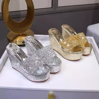 Женские сандалии на очень высоком каблуке «рыбий рот», новые летние модные женские туфли с пайетками на танкетке, модные повседневные женские туфли на одной платформе 34