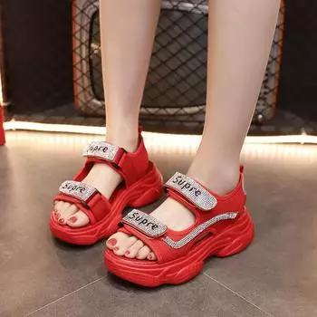 Женские сандалии на платформе, 2021 г., модные сандалии на липучке со стразами в спортивном стиле, пляжная обувь 35 белый