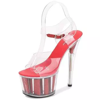 Женские сандалии на платформе и шпильке на очень высоком каблуке 17 см для ночного клуба, прозрачные туфли с кристаллами LFD 34 белый