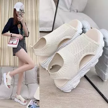 Женские сандалии на платформе из трикотажной ткани, летние сандалии с открытым носком 35 чёрный