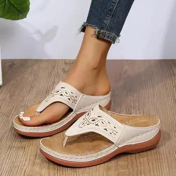 Женские сандалии на платформе, пляжные повседневные шлепанцы на танкетке, ортопедические шлепанцы премиум-класса с открытым носком, противоскользящей уличной обувью из искусственной кожи с большим носком 36 бежевый