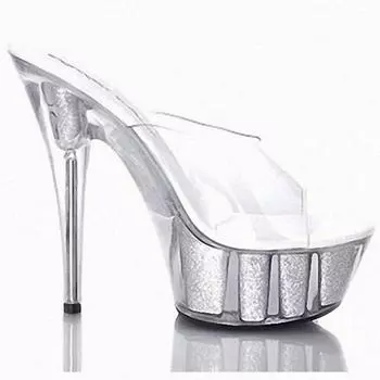 Женские сандалии на платформе, прозрачные тапочки «Джокер», повседневные блестящие сандалии на высоком каблуке «рыбий рот», YKC 34 чёрный