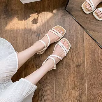 Женские сандалии на плоской подошве 2024 года, летние новые пляжные сандалии 2024 года, женские повседневные сандалии с открытым носком и квадратным носком, элегантные сандалии с тонким ремешком 35