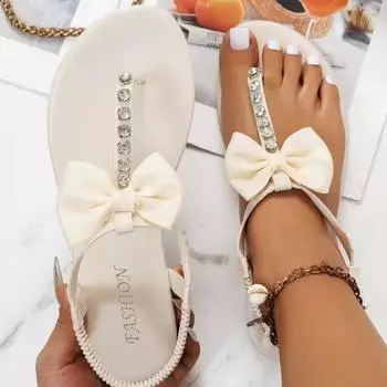 Женские сандалии на плоской подошве 2025 весна новые жемчужный бант носок женская обувь 35 белый