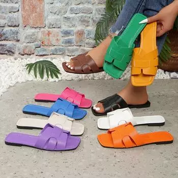 Женские сандалии на плоской подошве - цветной дизайн One Step Stepping с квадратной головкой, верх из синтетического материала, плоский каблук, ручная стирка, повседневная обувь Сандалии с квадратной головкой 35 чёрный