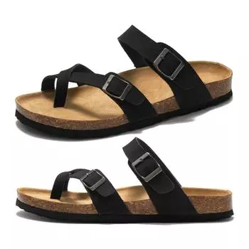 Женские сандалии на плоской подошве из пробки, летние сандалии с петлей для пальцев и перекрестными ремешками на плечах, винтажный стиль и повседневные сандалии с регулируемым плечевым ремнем и пряжкой 35 чёрный