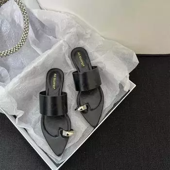 Женские сандалии на плоской подошве, новые летние с острым металлическим комплектом, на массивном каблуке на среднем каблуке, для ношения шлепанцев 35 абрикосовый