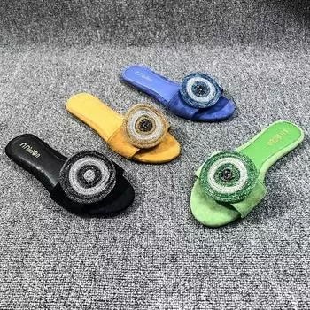 Женские сандалии на плоской подошве, очаровательные пляжные сандалии со стразами, летние уличные тапочки, гламурная повседневная женская обувь 41 чёрный