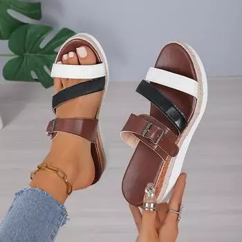 Женские сандалии на плоской подошве с кожаным ремешком в римском стиле, летняя женская обувь высокого качества с пряжкой и ремешком 36