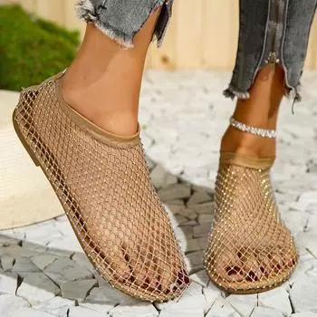 Женские сандалии на плоской подошве с круглым носком, летние короткие сапоги без шнуровки в сетку, модные пикантные банкетные тапочки Water Diamond, размеры 35-42 39 чёрный