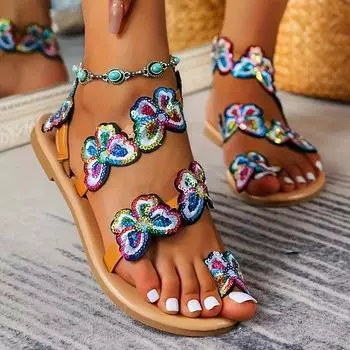 Женские сандалии на плоской подошве с открытым носком и без застежек. 36 синий