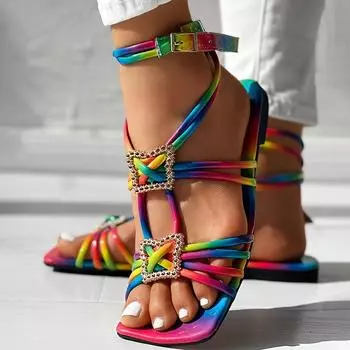 Женские сандалии на плоской подошве с яркими ремешками, отпускная обувь с пряжкой и ремешком на щиколотке, летние пляжные туфли с открытой пяткой 37 золотистый